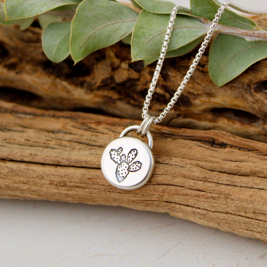 Cactus Button Necklace - Sterling Silver with Stamped Cactus 