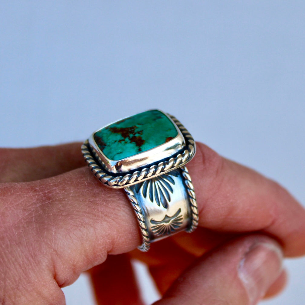 Royston Turquoise Stamped Band Ring (size 10.5) - Turquoise & Sterling Silver